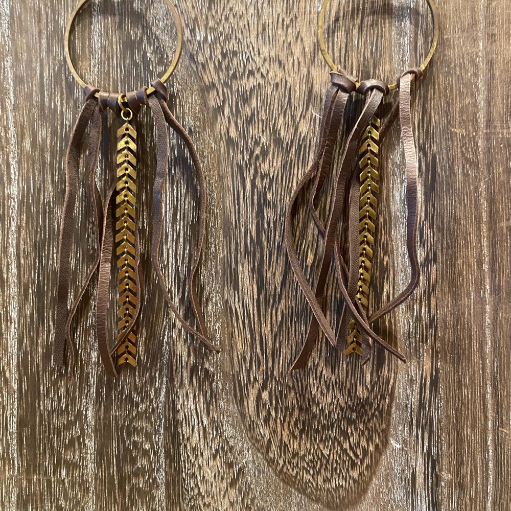 Brown and Gold Leather Hoop Earrings